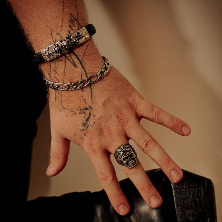 Save Brave Armband Jack Mit Totenkopf Aus Geflochtenem Leder & Edelstahl