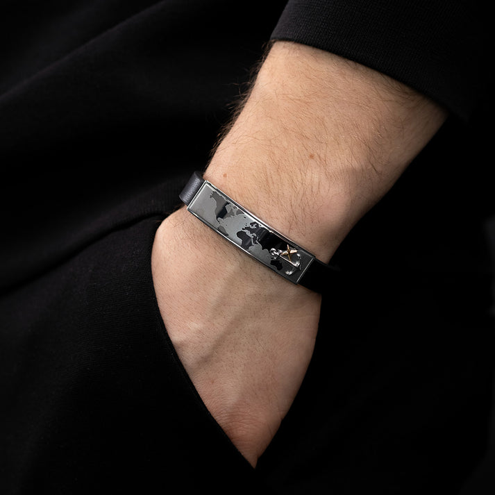 Save Brave Lederarmband Worldanchor Schwarz - Welt & Anker Gold