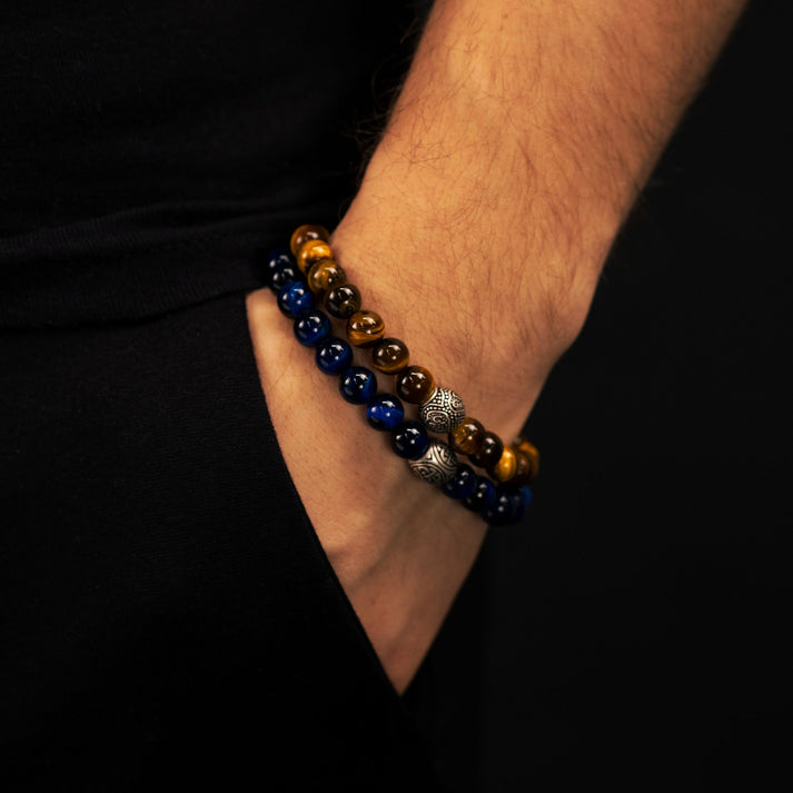 Save Brave Stretcharmband Aus Blauen Tigeraugenperlen Mit Keltischem Knoten