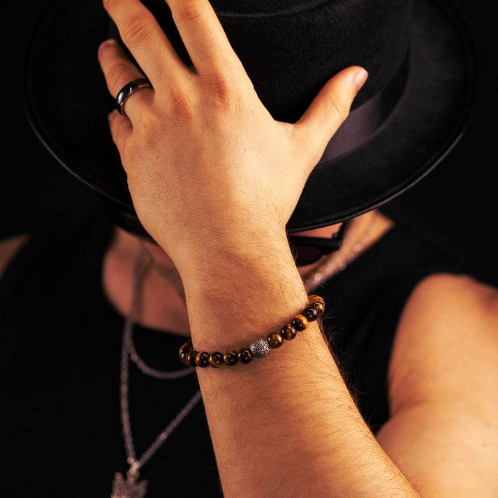 Save Brave Stretcharmband Aus Braunen Tigeraugenperlen Mit Keltischem Knoten