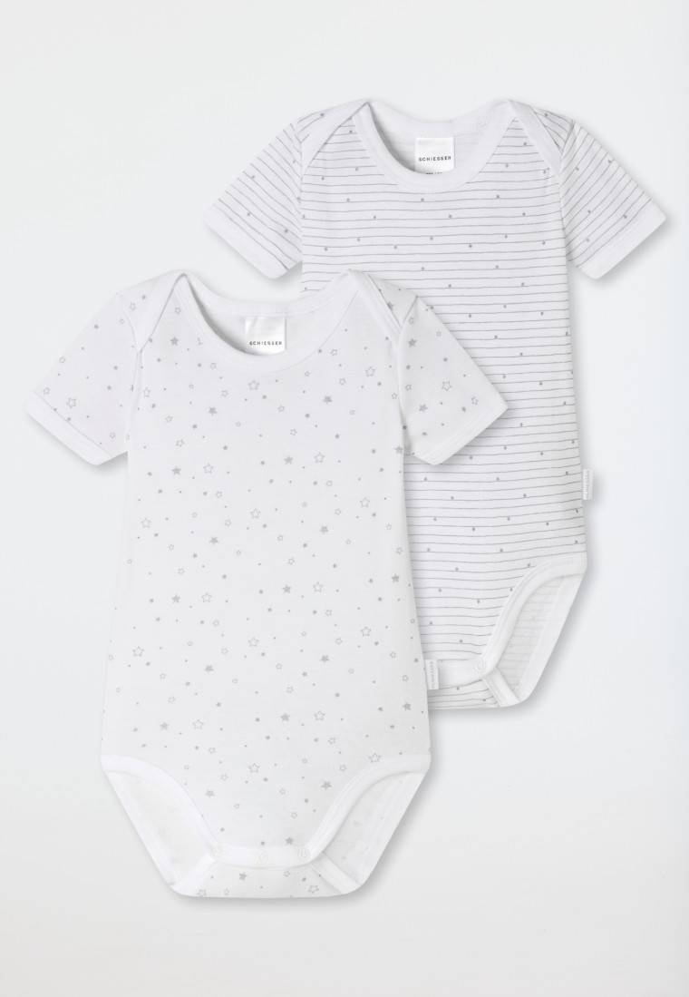 Schiesser Baby-Bodys 2er-Pack Kurzarm Unisex Feinripp Organic Cotton Bedruckt Weiß/grau - Original Classics