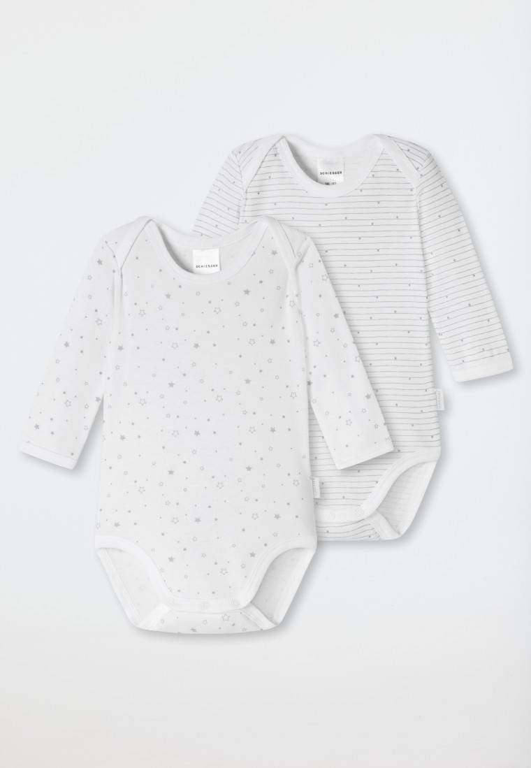 Schiesser Baby-Bodys 2er-Pack Langarm Unisex Feinripp Organic Cotton Bedruckt Weiß/grau - Original Classics