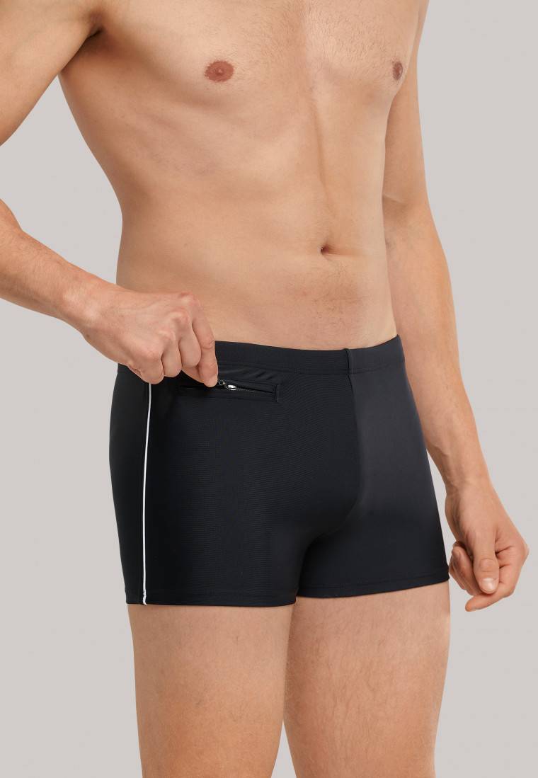 Schiesser Badehose Mit Reißverschluss-Tasche Wirkware Recycelt Feiner Streifen Schwarz - Nautical Casual