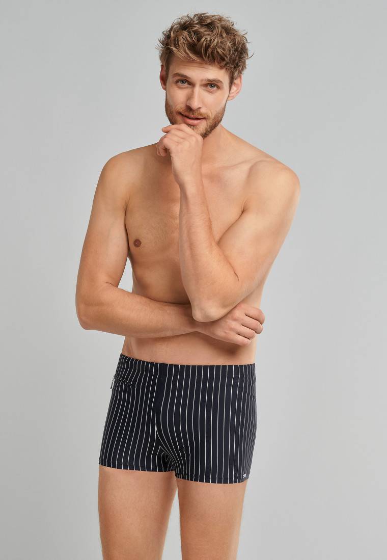 Schiesser Badehose mit Reißverschlusstasche Wirkware recycelt Streifen schwarz - Nautical Casual