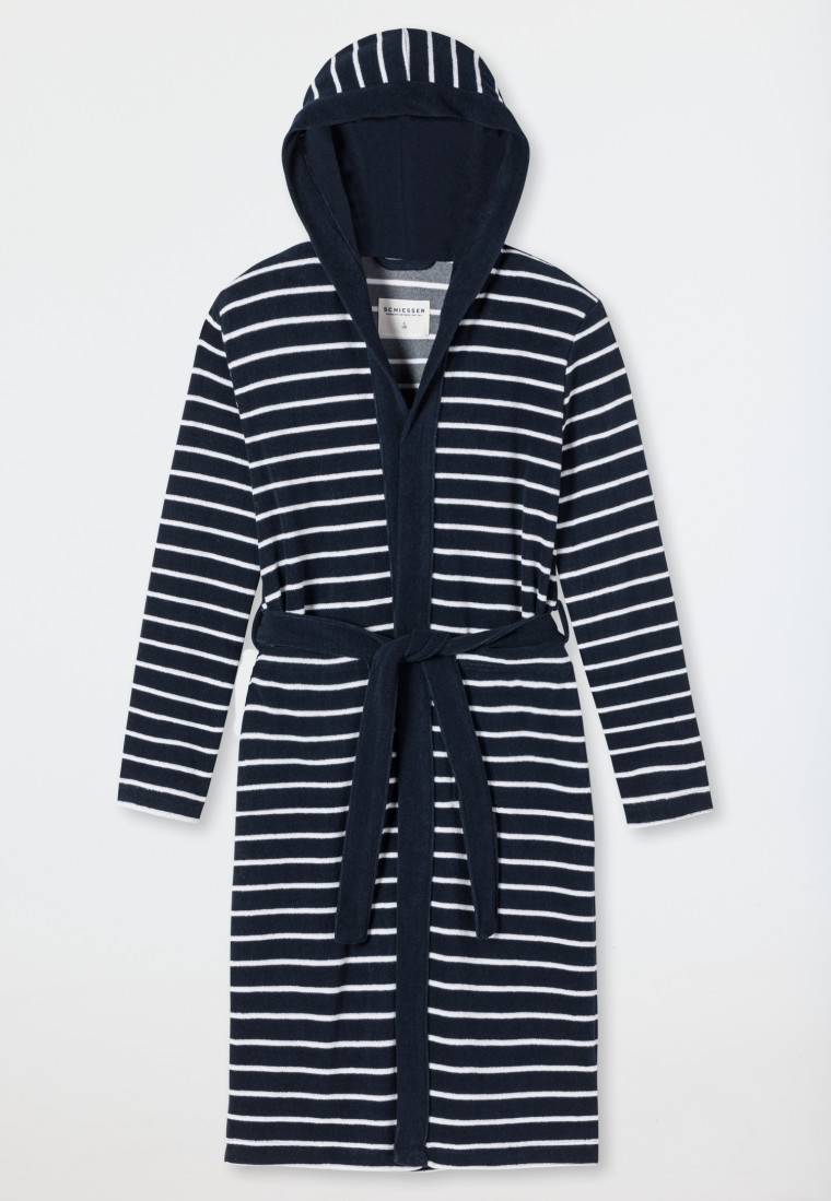 Schiesser Bademantel Leichtfrottee Dunkelblau Gestreift - Feather Terry