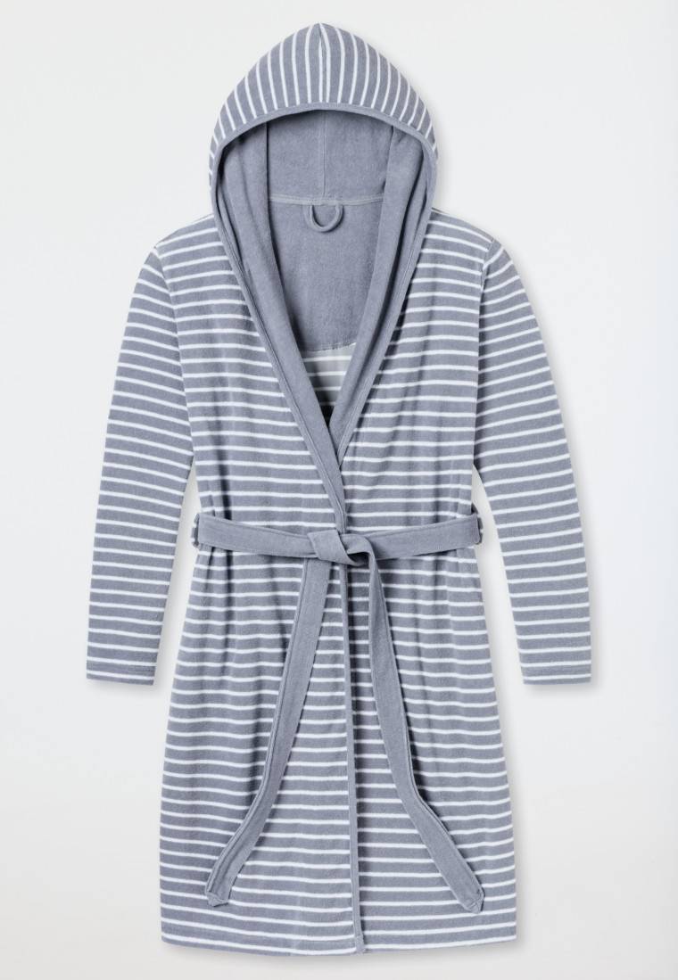 Schiesser Bademantel Mit Kapuze Leichtfrottee Hellgrau Geringelt - Bathrobes