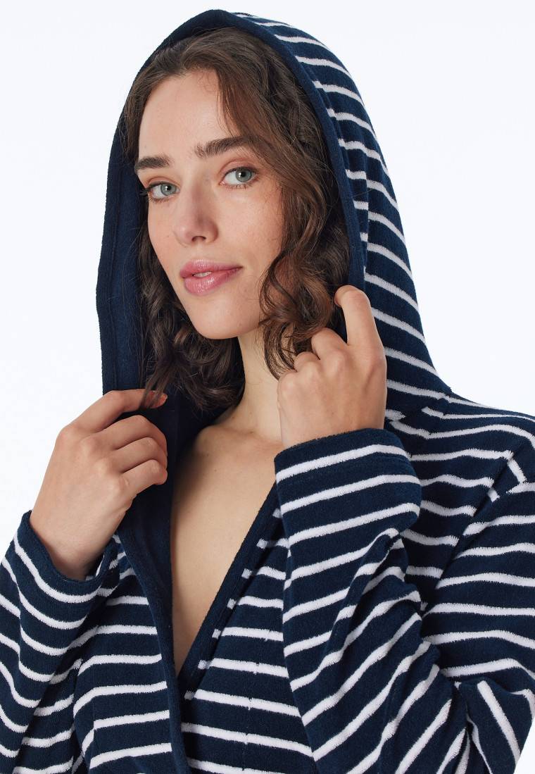 Schiesser Bademantel Mit Kapuze Leichtfrottee Nachtblau Geringelt