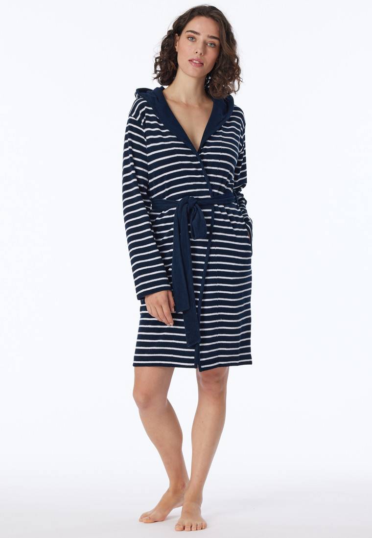 Schiesser Bademantel mit Kapuze Leichtfrottee nachtblau geringelt