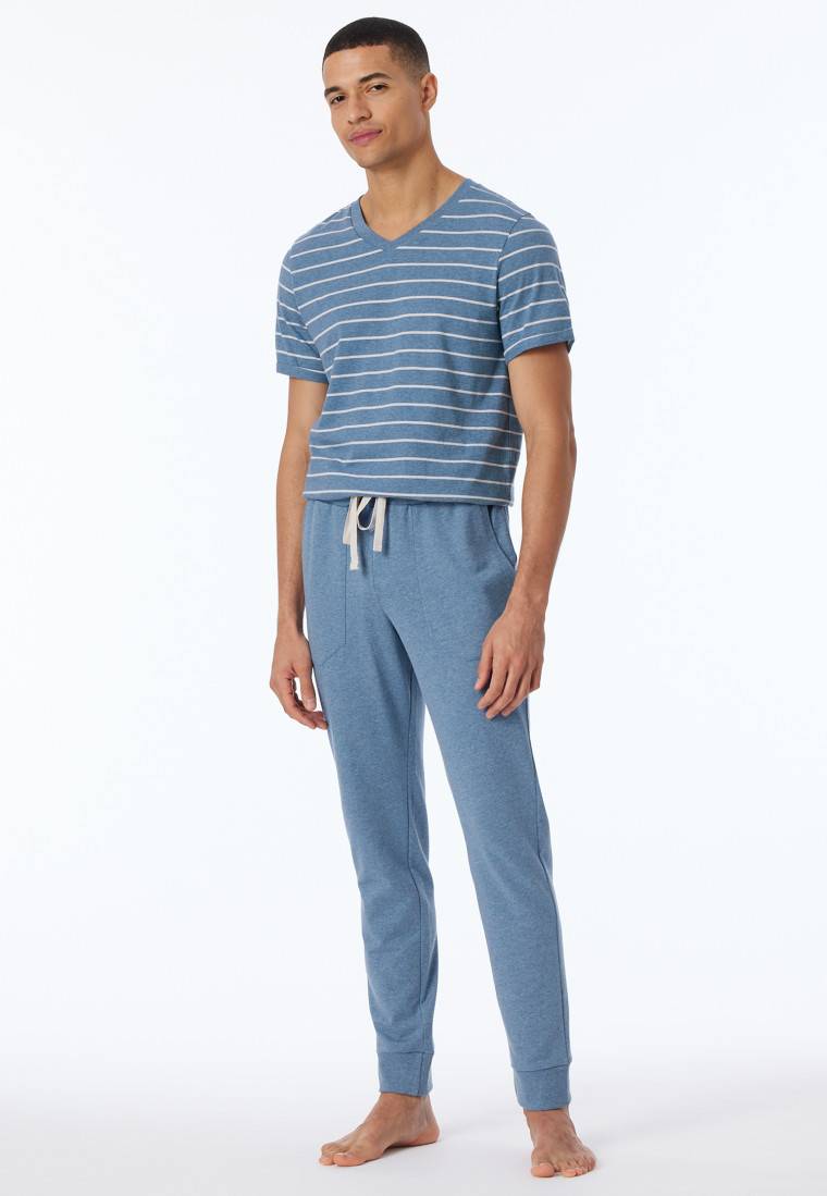 Schiesser Loungehose lang Organic Cotton Bündchen Streifen blau meliert - Mix+Relax