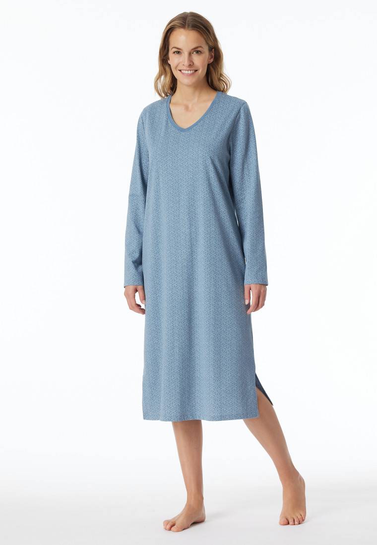 Schiesser Nachthemd Langarm Blaugrau Gemustert - Comfort Essentials