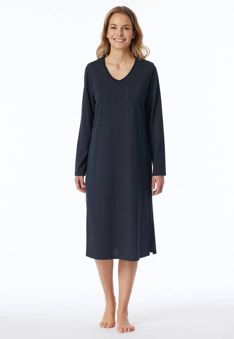 Schiesser Nachthemd Langarm Nachtblau Gemustert - Comfort Essentials