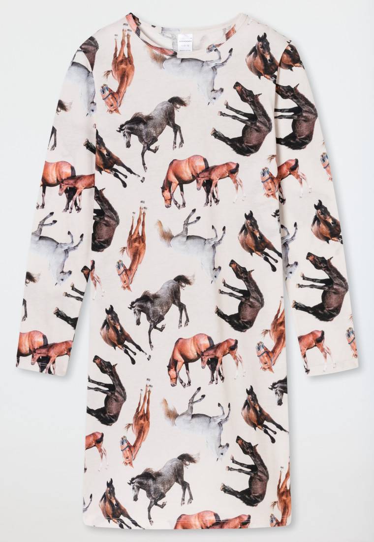 Schiesser Nachthemd Langarm Organic Cotton Pferde Off-white - Horse World