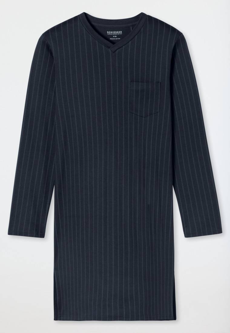 Schiesser Nachthemd Langarm Streifen Nachtblau - Fine Interlock