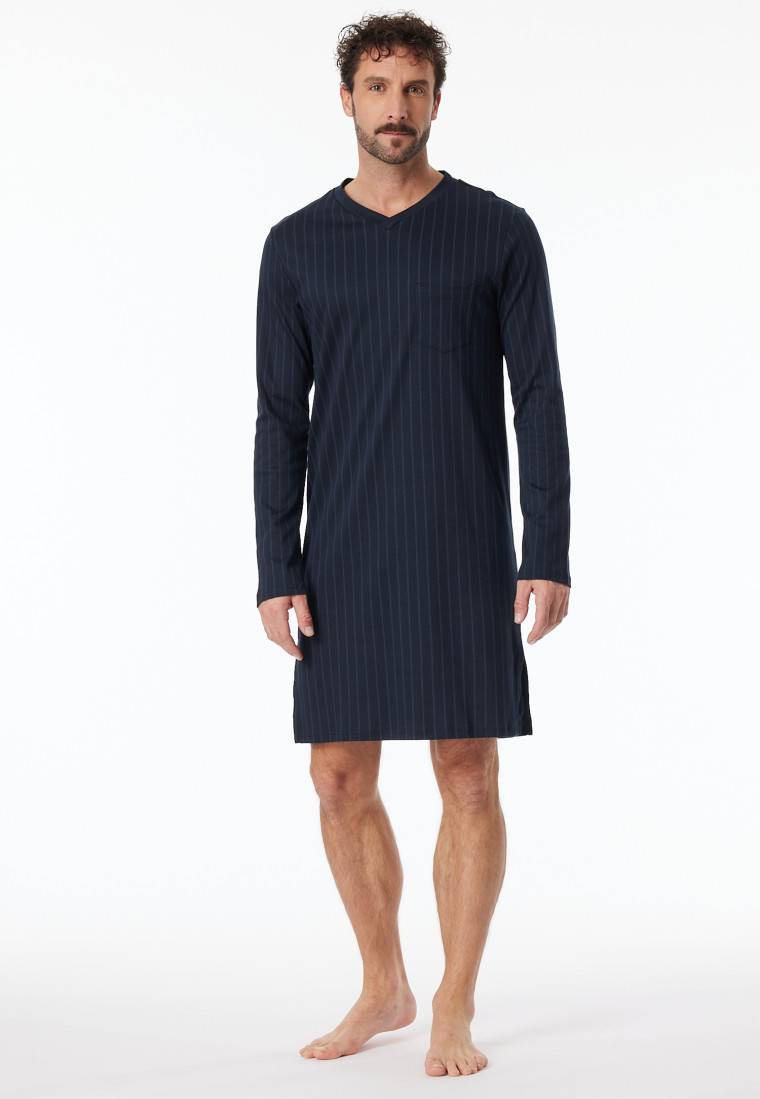 Schiesser Nachthemd Langarm Streifen Nachtblau - Fine Interlock