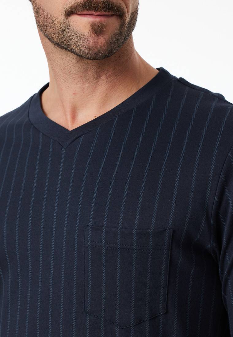 Schiesser Nachthemd Langarm Streifen Nachtblau - Fine Interlock