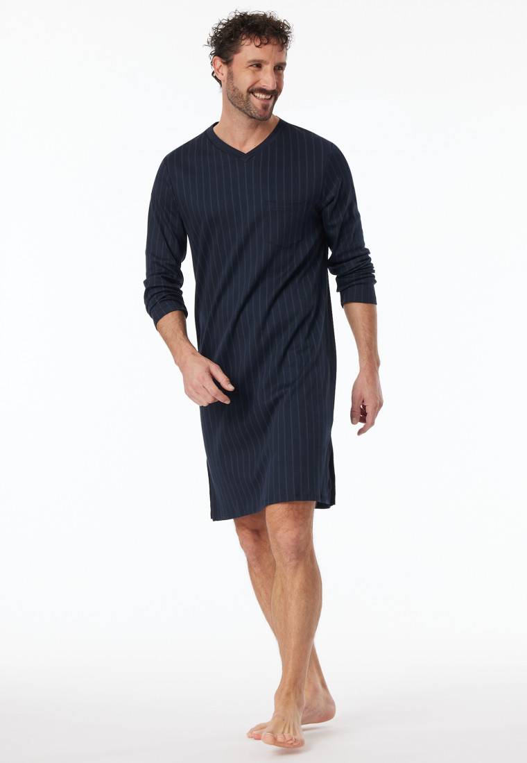 Schiesser Nachthemd langarm Streifen nachtblau - Fine Interlock