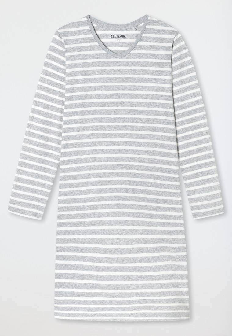 Schiesser Nachthemd Langarm Streifen Silbergrau Meliert - Casual Essentials