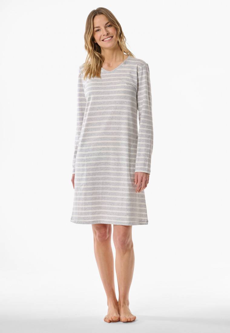 Schiesser Nachthemd Langarm Streifen Silbergrau Meliert - Casual Essentials