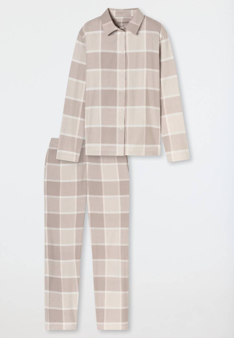 Schiesser Pyjama Lang Flanell Beige Kariert - Selected Premium Warming