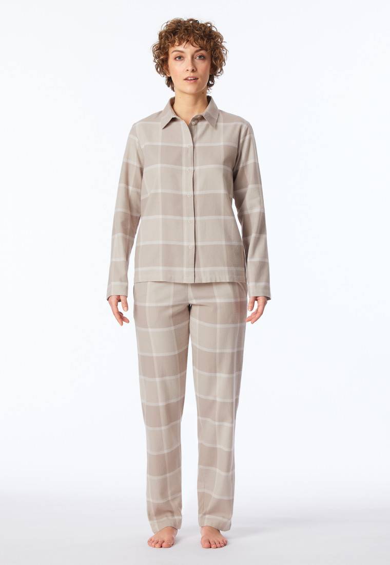 Schiesser Pyjama Lang Flanell Beige Kariert - Selected Premium Warming