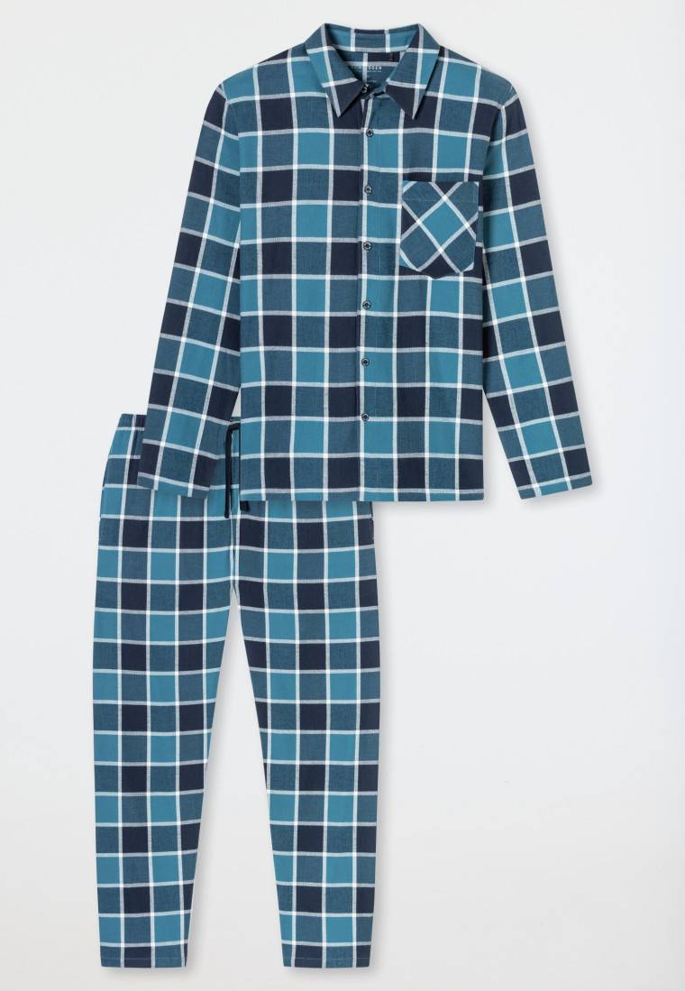 Schiesser Pyjama Webware Flanell Jeansblau Kariert - Selected Premium Warming