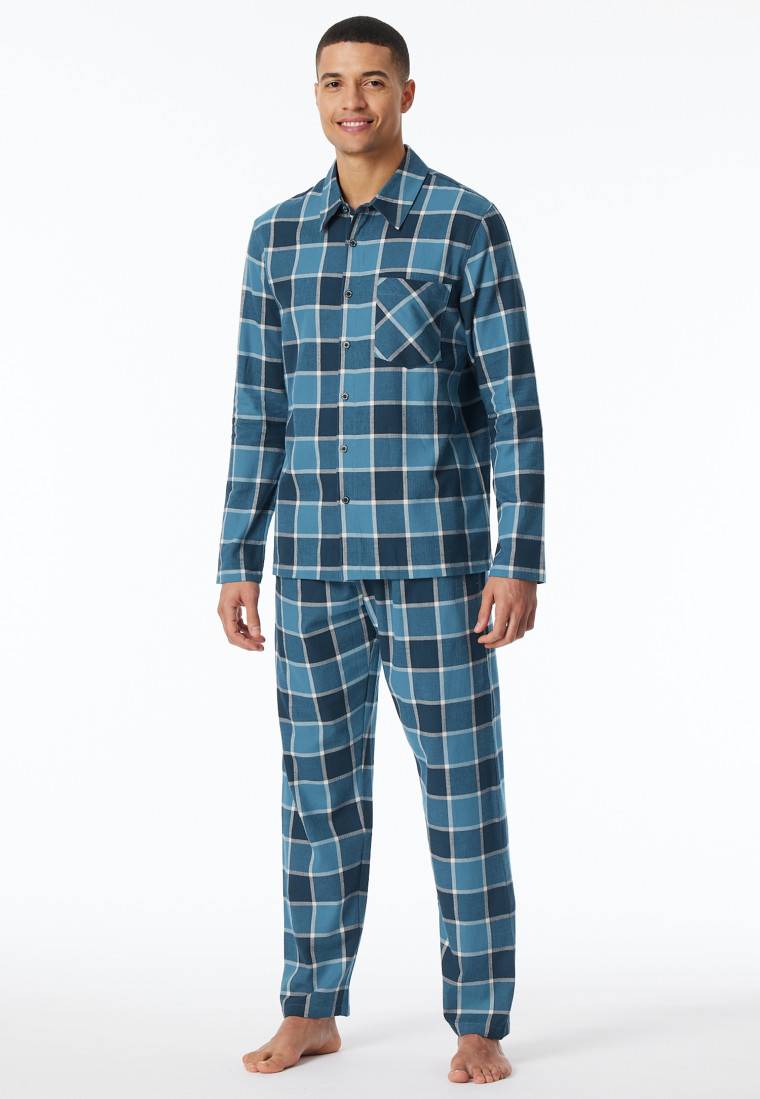 Schiesser Pyjama Webware Flanell Jeansblau Kariert - Selected Premium Warming