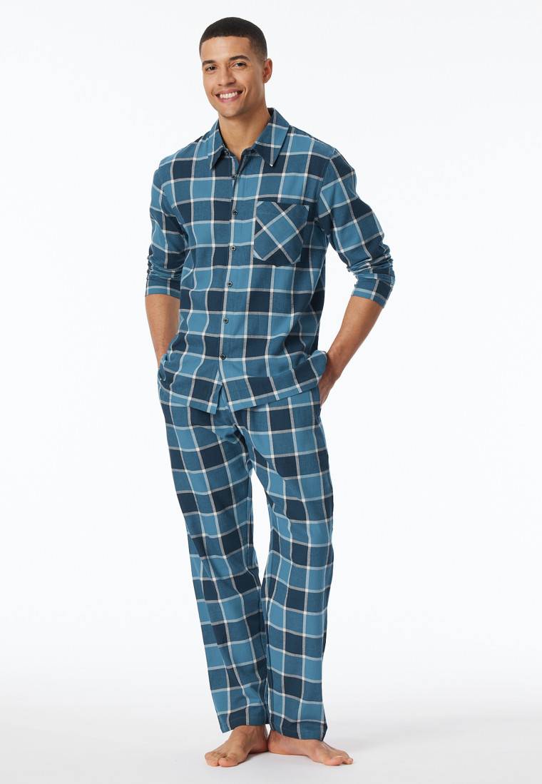 Schiesser Pyjama Webware Flanell jeansblau kariert - Selected Premium Warming