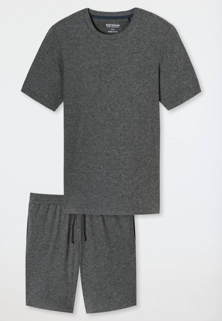 Schiesser Schlafanzug Doppelripp Kurz Dunkelgrau Meliert - Modern Nightwear