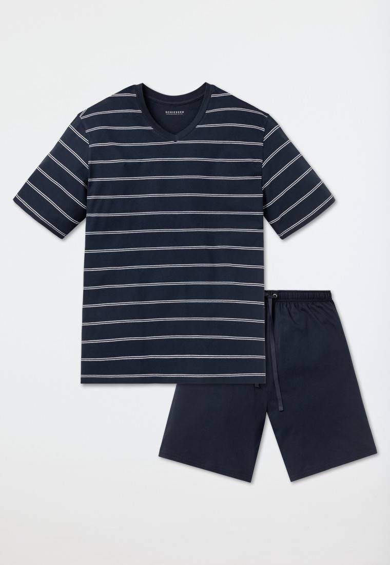 Schiesser Schlafanzug Kurz Dunkelblau-weiß Geringelt - Dark Sapphire