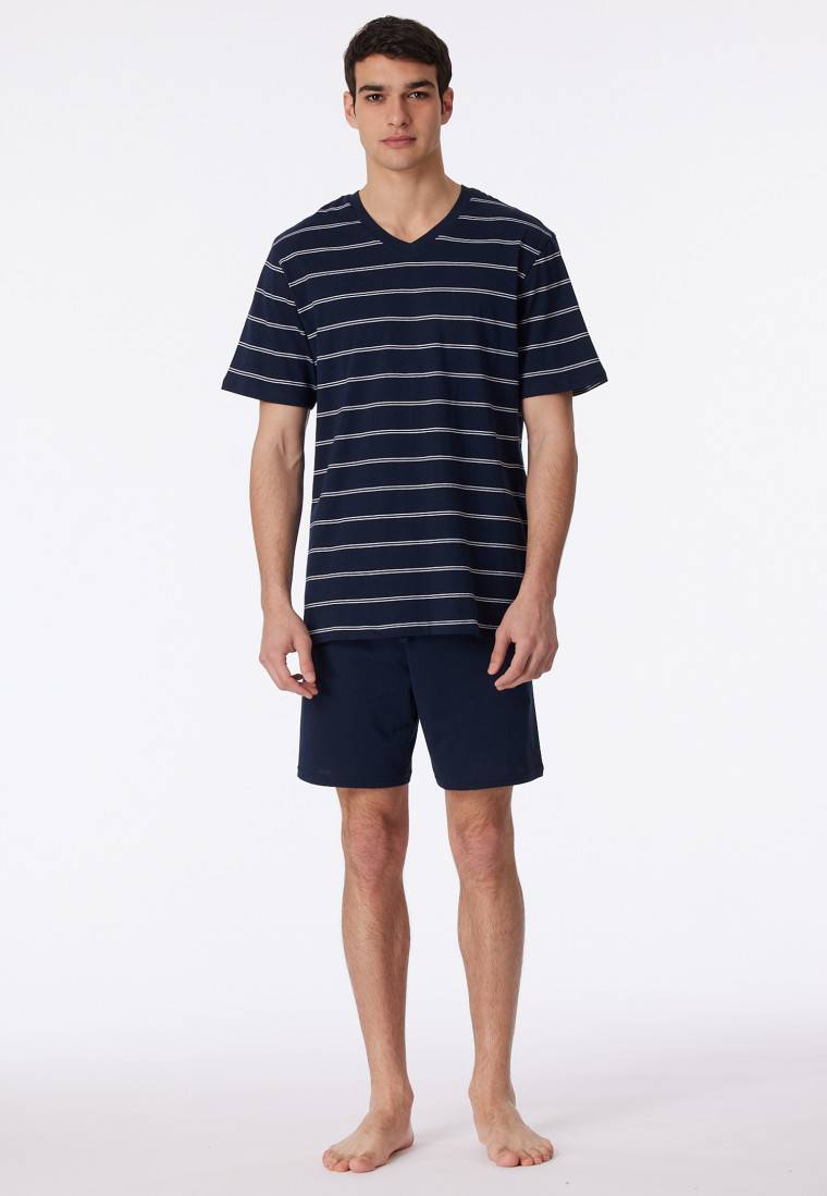 Schiesser Schlafanzug Kurz Dunkelblau-weiß Geringelt - Dark Sapphire
