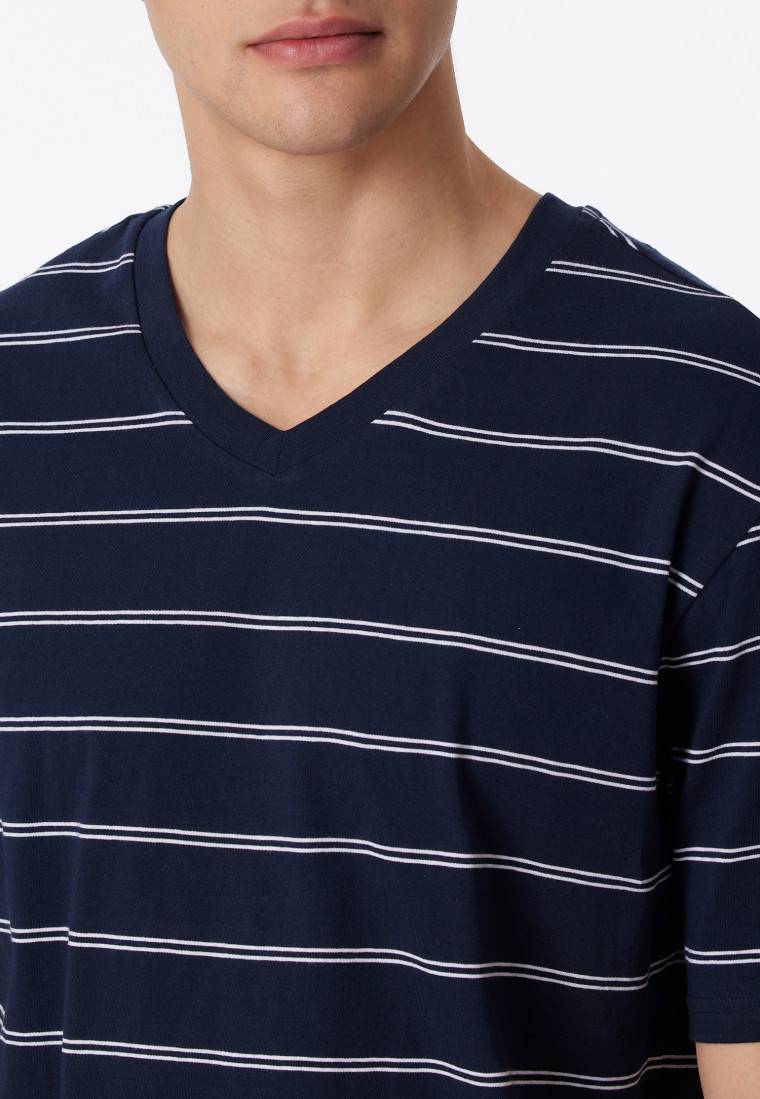 Schiesser Schlafanzug Kurz Dunkelblau-weiß Geringelt - Dark Sapphire