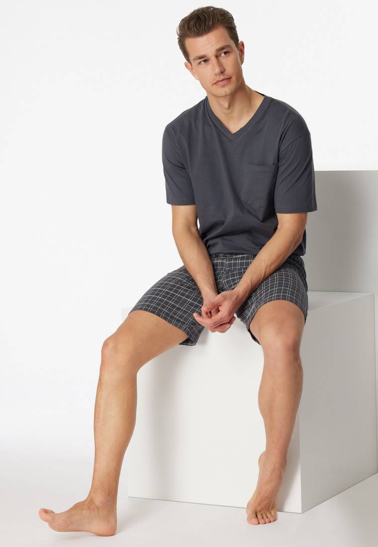 Schiesser Schlafanzug kurz Jersey V-Ausschnitt grau - Ebony