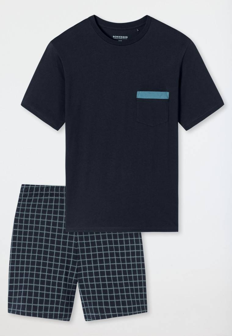 Schiesser Schlafanzug Kurz Organic Cotton Karos Nachtblau - Comfort Nightwear
