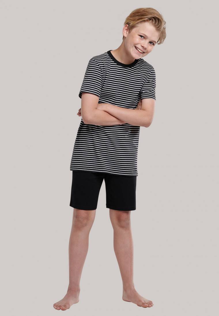 Schiesser Schlafanzug Kurz Organic Cotton Ringel Schwarz - Nightwear