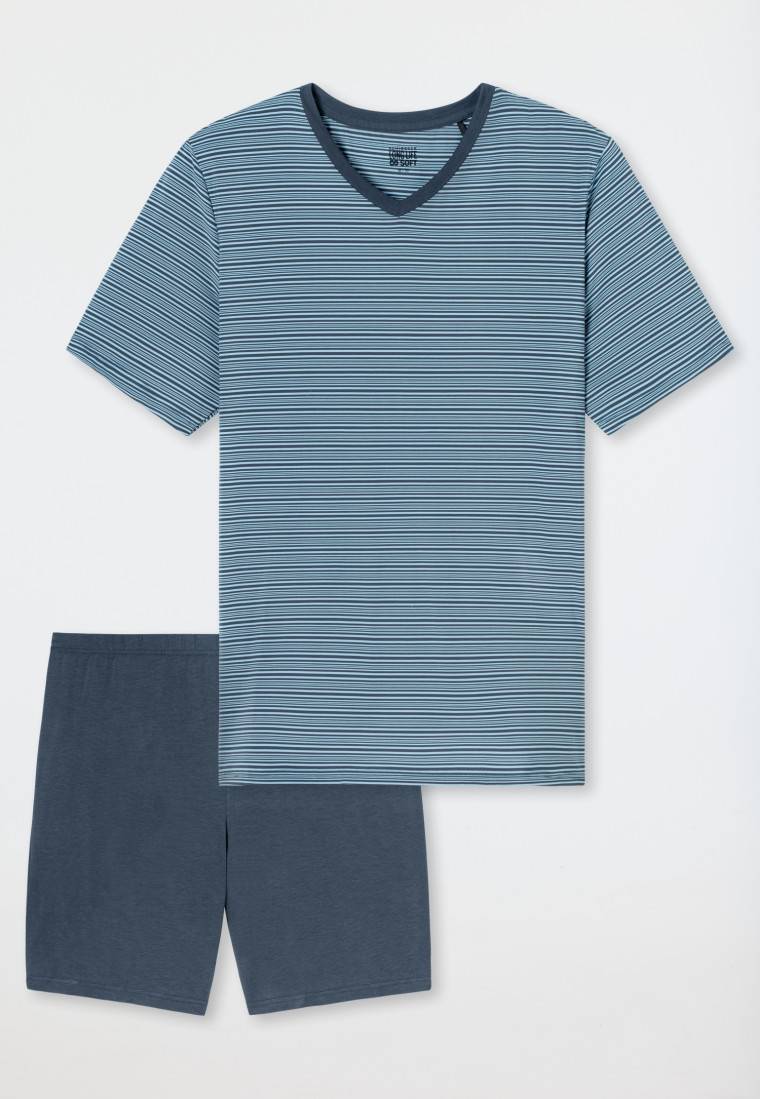 Schiesser Schlafanzug Kurz Ringel V-Ausschnitt Jeansblau - Long Life Soft