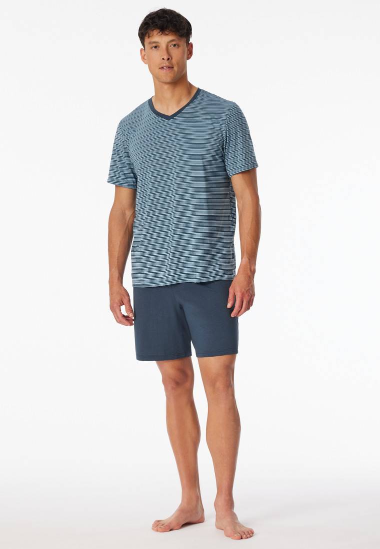Schiesser Schlafanzug Kurz Ringel V-Ausschnitt Jeansblau - Long Life Soft