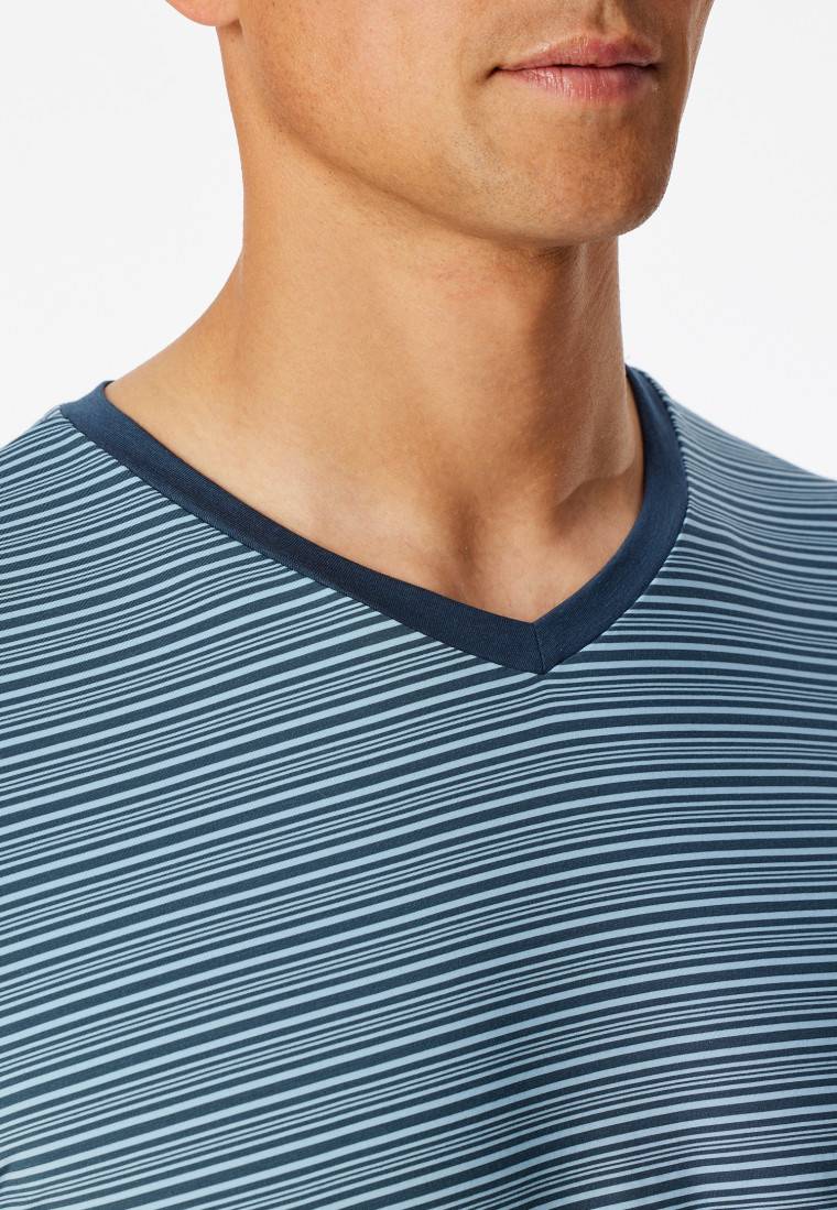 Schiesser Schlafanzug Kurz Ringel V-Ausschnitt Jeansblau - Long Life Soft