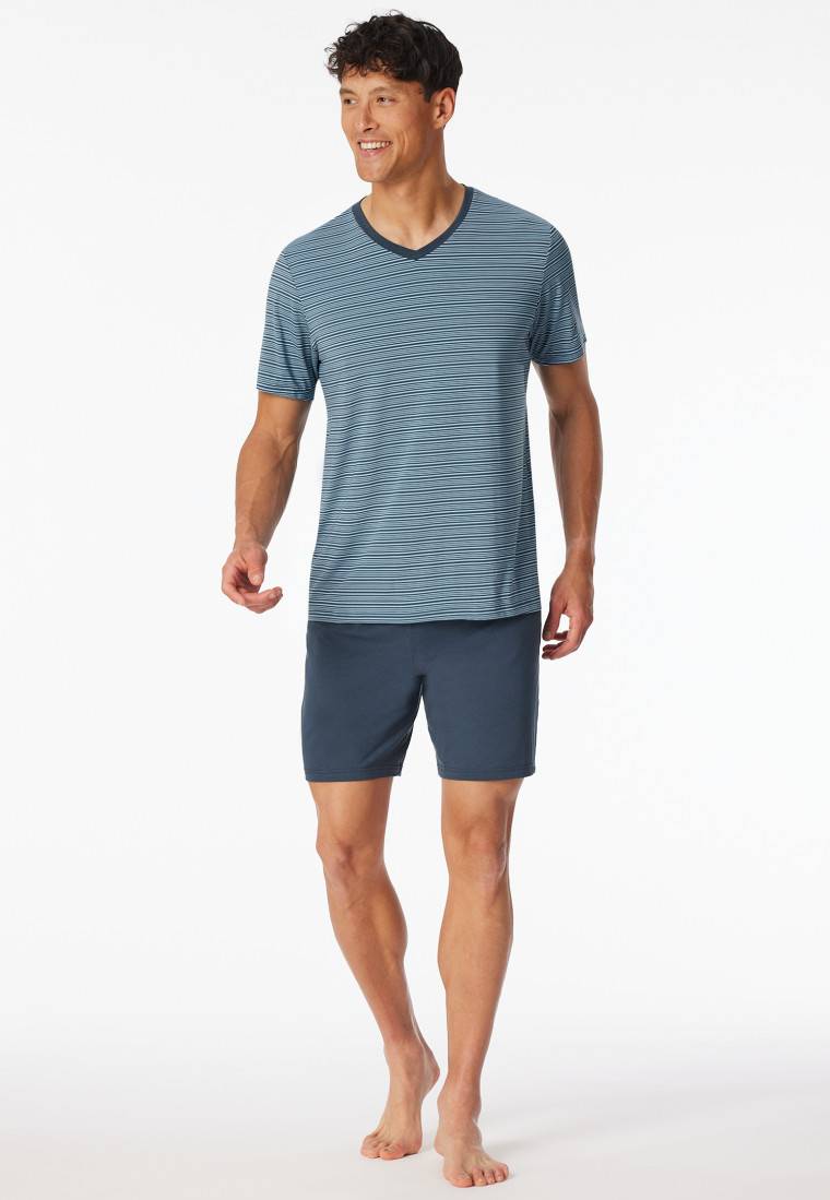 Schiesser Schlafanzug kurz Ringel V-Ausschnitt jeansblau - Long Life Soft