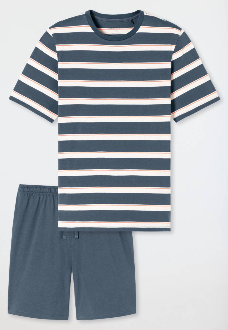 Schiesser Schlafanzug Kurz Streifen Jeansblau - Casual Nightwear