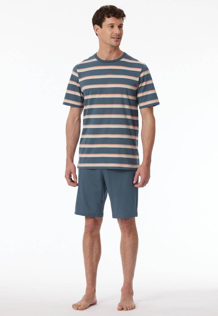 Schiesser Schlafanzug Kurz Streifen Jeansblau - Casual Nightwear