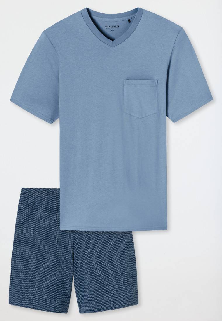 Schiesser Schlafanzug Kurz V-Ausschnitt Brusttasche Blaugrau Kariert - Comfort Essentials
