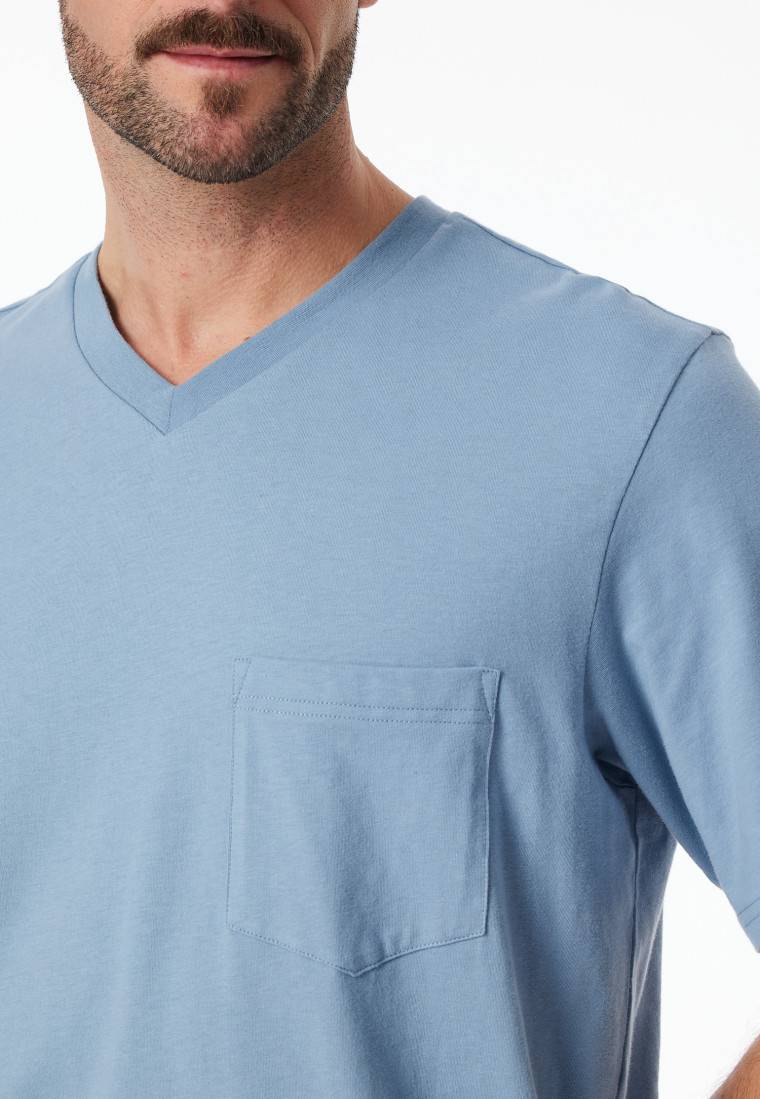 Schiesser Schlafanzug Kurz V-Ausschnitt Brusttasche Blaugrau Kariert - Comfort Essentials