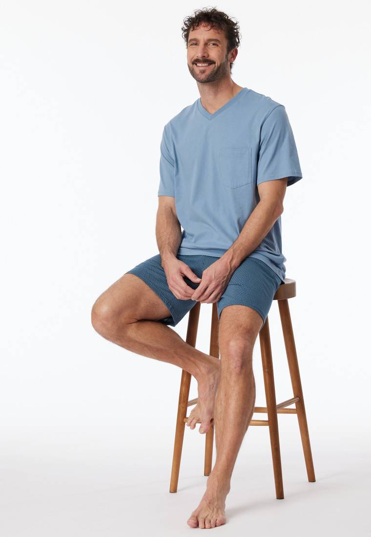 Schiesser Schlafanzug kurz V-Ausschnitt Brusttasche blaugrau kariert - Comfort Essentials