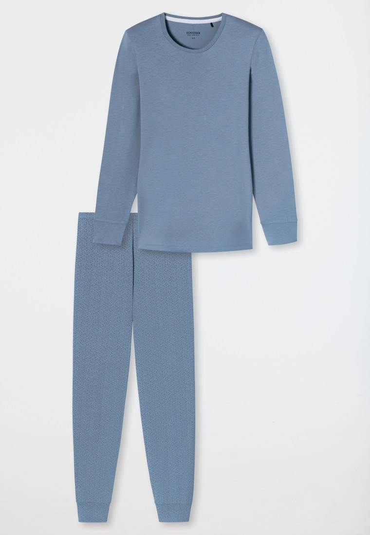 Schiesser Schlafanzug Lang Bündchen Blaugrau Gemustert - Comfort Essentials