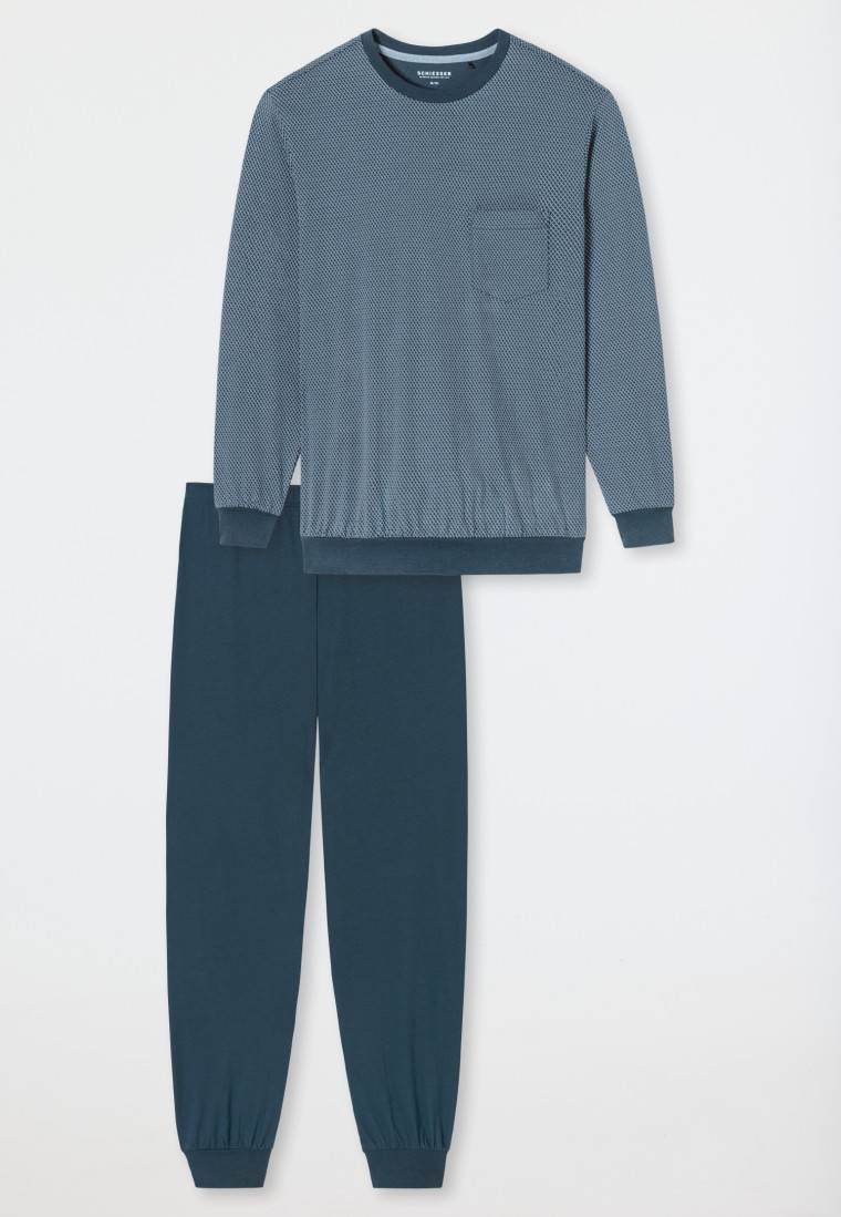 Schiesser Schlafanzug Lang Bündchen Brusttasche Blaugrau Gemustert - Comfort Essentials