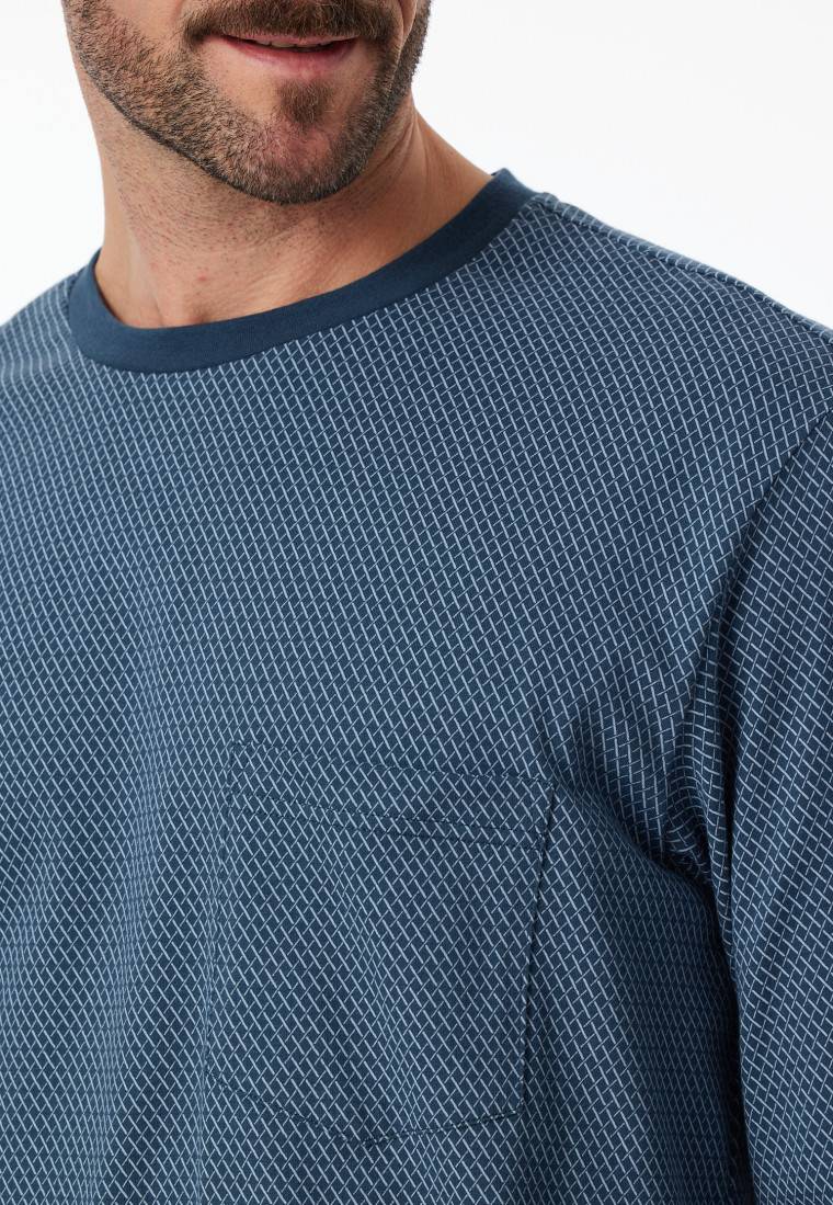 Schiesser Schlafanzug Lang Bündchen Brusttasche Blaugrau Gemustert - Comfort Essentials