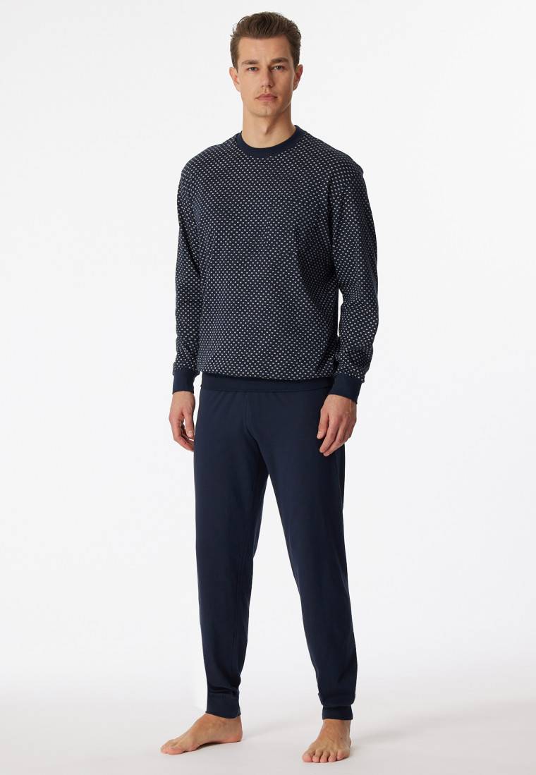 Schiesser Schlafanzug Lang Bündchen Dunkelblau Gemustert - Dark Sapphire