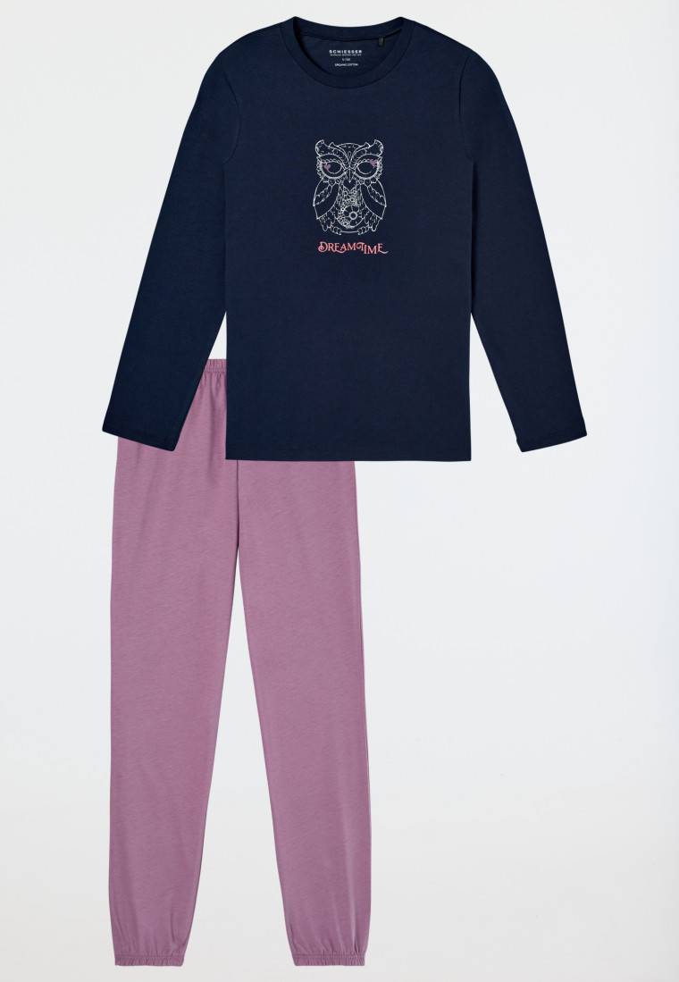 Schiesser Schlafanzug Lang Bündchen Eule Nachtblau - Nightwear
