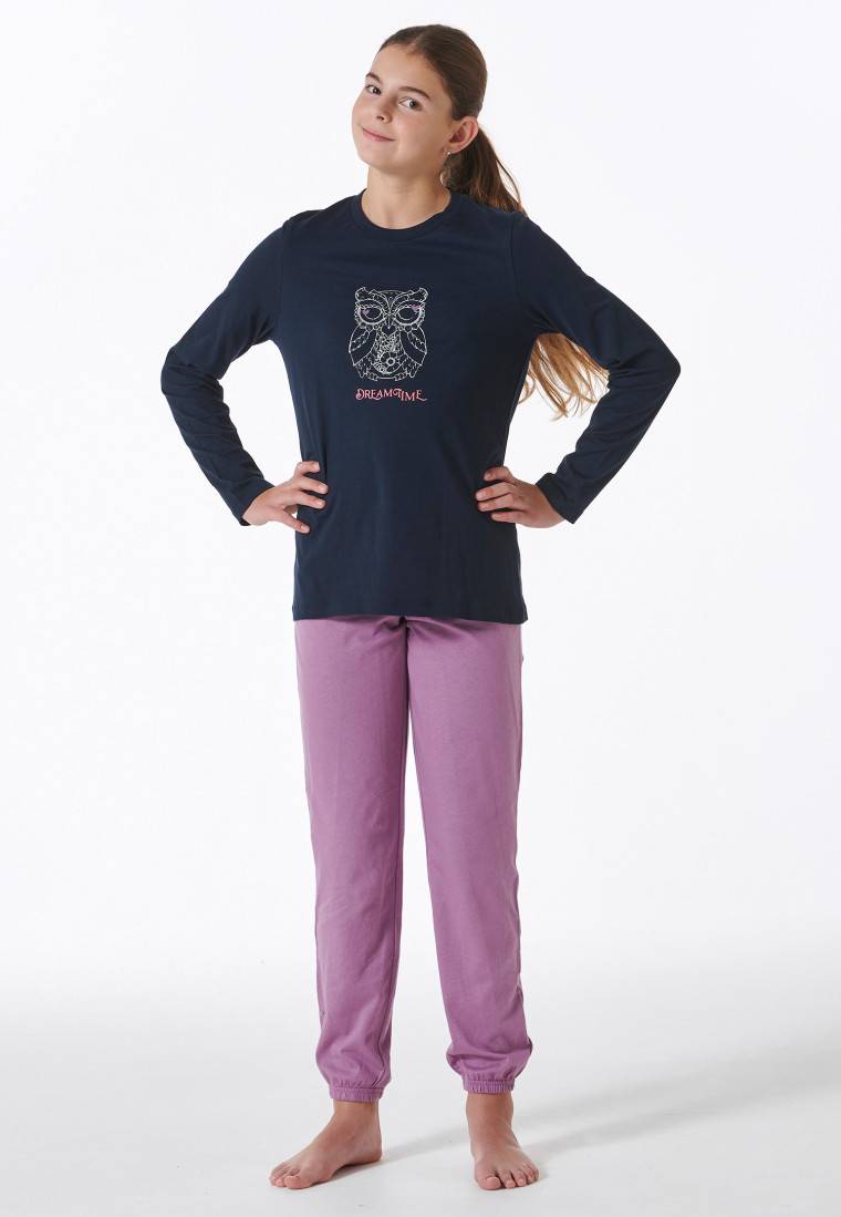 Schiesser Schlafanzug Lang Bündchen Eule Nachtblau - Nightwear