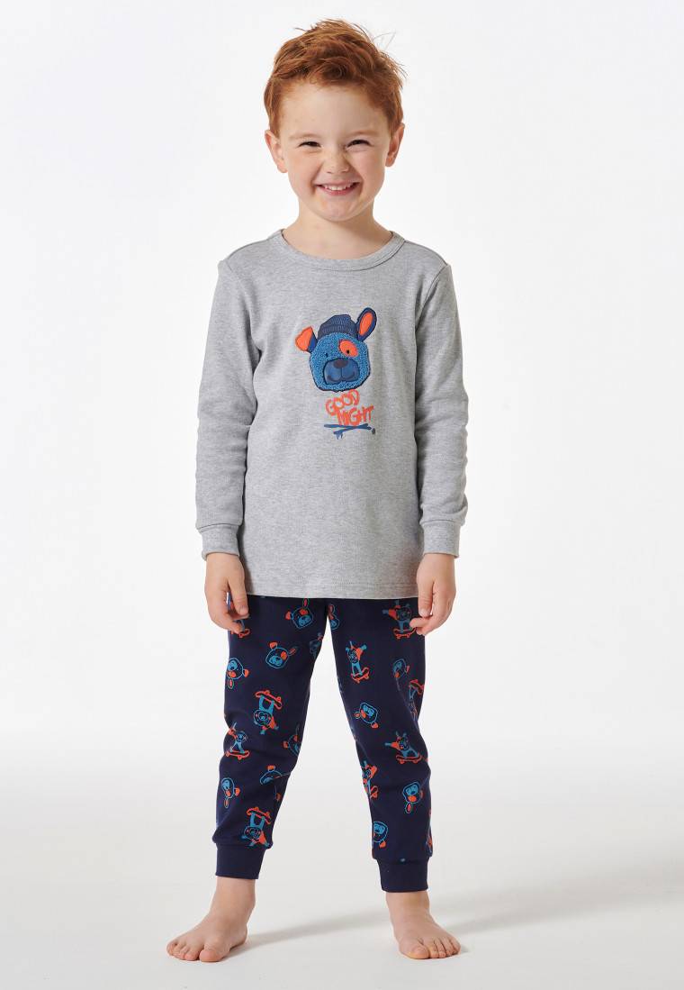 Schiesser Schlafanzug Lang Bündchen Hunde Skateboards Grau Meliert - Boys Wordl